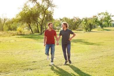 Happy gay couple running in countryside on sunny day
