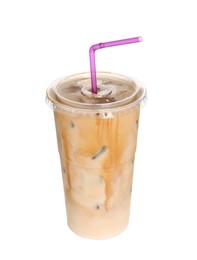 Takeaway plastic cup with cold coffee drink and straw on white background