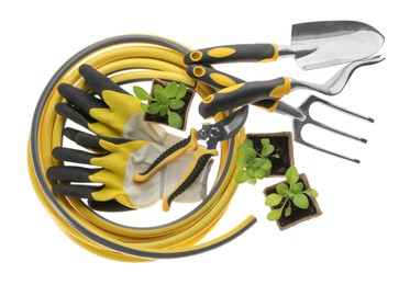 Photo of Different gardening tools on white background, top view