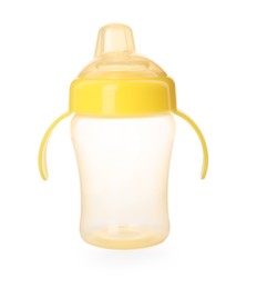 Empty plastic baby bottle isolated on white