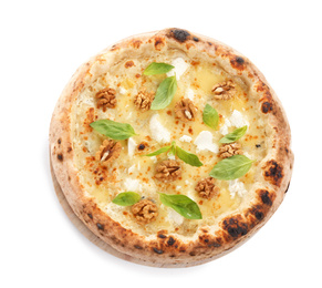 Photo of Delicious cheese pizza with walnuts and basil isolated on white, top view