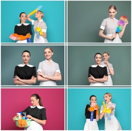 Collage with portraits of chambermaids on different color backgrounds