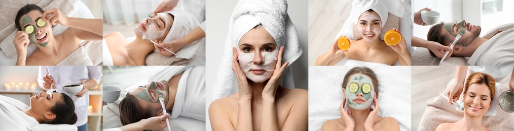 Collage with photos of people with cleansing and moisturizing masks on faces. Banner design
