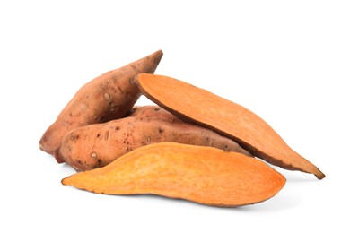Cut and whole sweet potatoes on white background