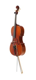 Beautiful cello with bow on white background. Classic musical instrument