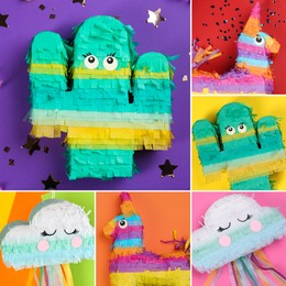 Collage with photos of funny pinatas on different color backgrounds, top view 