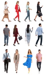 Collage with photos of people wearing stylish outfit walking on white background