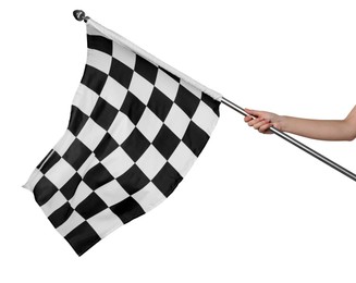 Woman holding checkered finish flag on white background, closeup