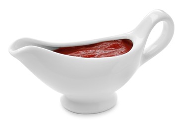 Ceramic boat with tomato sauce isolated on white