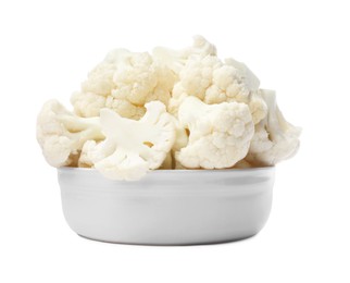 Photo of Bowl with cut fresh raw cauliflowers on white background