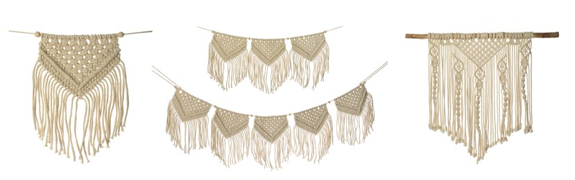 Set with beautiful macrame on white background. Banner design