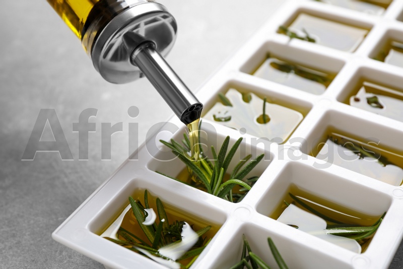 Pouring olive oil into ice cube tray with fresh rosemary at grey table, closeup