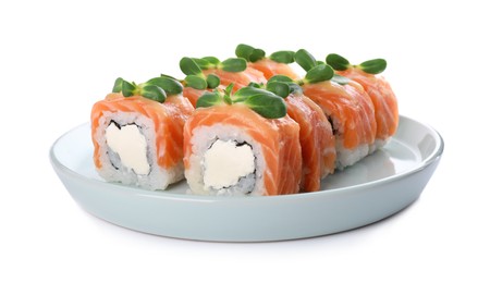 Tasty sushi rolls with salmon on white background