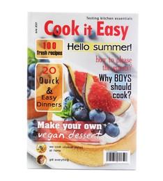 Modern printed culinary magazine on white background