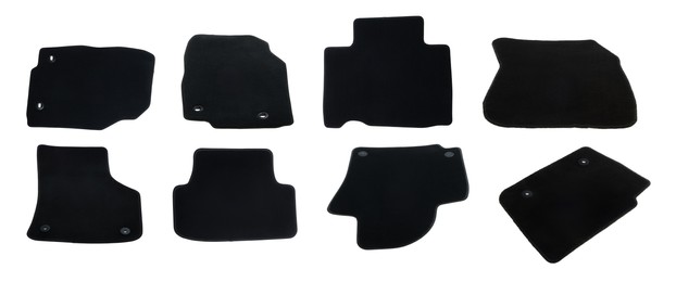 Set with black car floor mats on white background. Banner design