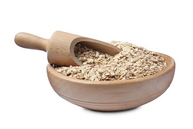 Oatmeal, wooden bowl and scoop on white background