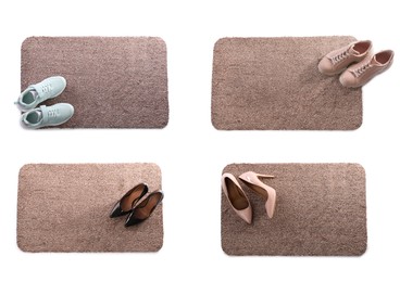Set with door mats and different shoes on white background, top view