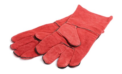 Red protective gloves on white background. Safety equipment