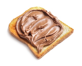 Toast bread with tasty chocolate spread on white background