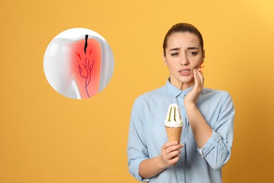 Young woman with ice cream suffering from acute toothache on orange background