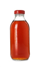 Glass bottle of delicious kvass isolated on white. Refreshing drink