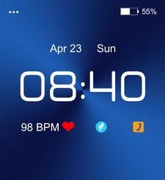 Smart watch. Time, date, heart rate and icons on display