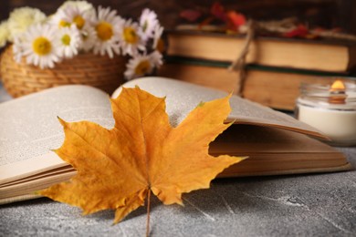 Photo of Open book, autumn leaf and scented candle on light gray textured table, closeup