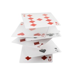 Different playing cards floating on white background. Poker game