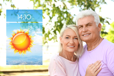 Senior couple on city street and weather forecast widget. Mobile application