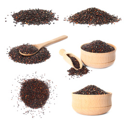 Set of raw black quinoa on white background