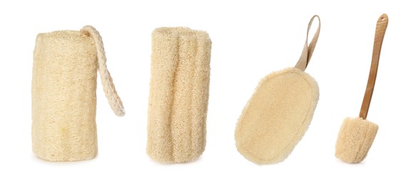 Set with natural shower loofah sponges and brush on white background. Banner design