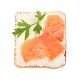 Photo of Delicious sandwich with cream cheese, salmon and parsley isolated on white, top view