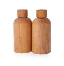New stylish wooden bottles isolated on white