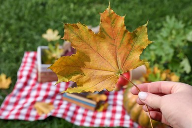 Woman holding yellow maple leaf outdoors, closeup. Autumn season