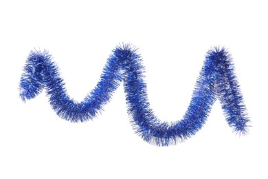 Shiny blue tinsel isolated on white. Christmas decoration