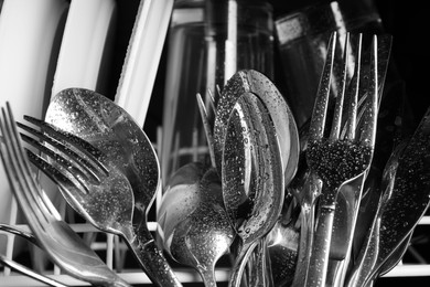 Photo of Clean wet plates and cutlery in dishwasher, closeup
