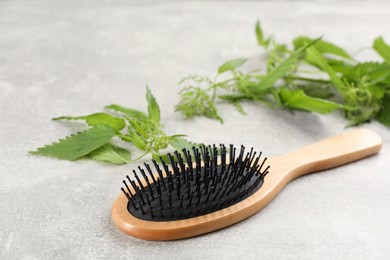 Stinging nettle and brush on grey background. Natural hair care