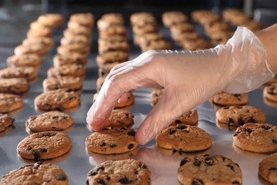 Photo of Woman taking delicious cookie from production line, closeup