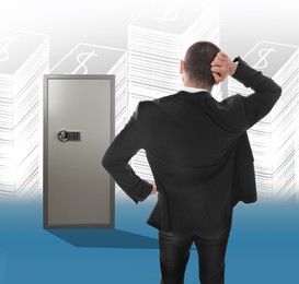 Image of Financial security, keeping money. Thoughtful businessman in front of big steel safe, back view. Dollar sign illustrations on background