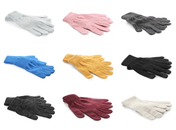 Set of woolen gloves on white background 
