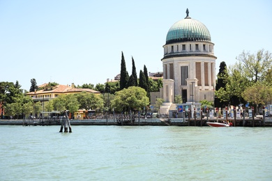 VENICE, ITALY - JUNE 13, 2019: Beautiful view of Santa Maria della Vittoria on sea shore