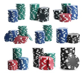 Set with stacks of different casino chips on white background. Poker game