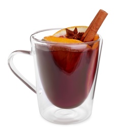 Aromatic mulled wine in glass cup isolated on white