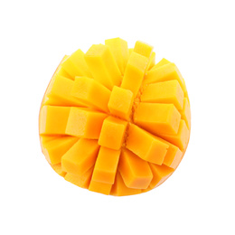 Cut ripe mango isolated on white, top view. Exotic fruit