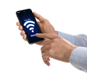 Man connecting to WiFi using mobile phone on white background, closeup