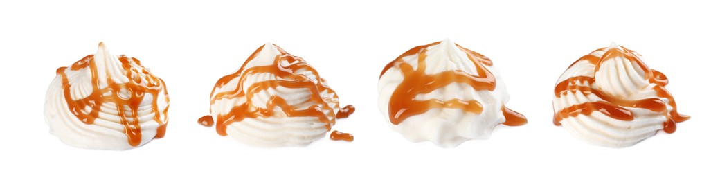 Set of delicious fresh whipped cream with caramel syrup on white background. Banner design