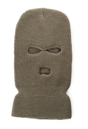 Photo of Beige knitted balaclava isolated on white, top view