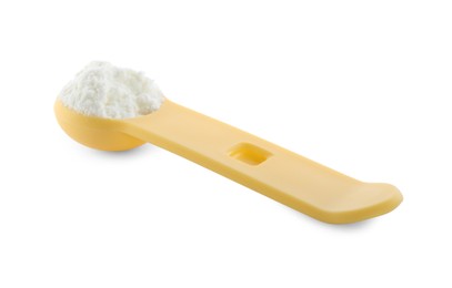 Measuring scoop of powdered infant formula isolated on white. Baby milk