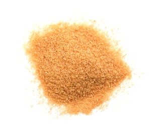 Pile of brown sugar on white background, top view