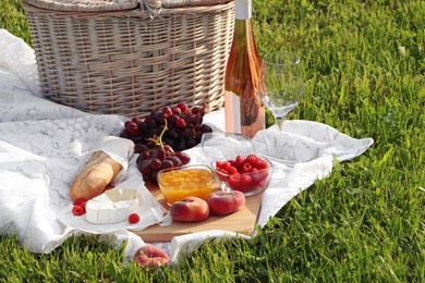 Picnic blanket with tasty food, basket and cider on green grass outdoors